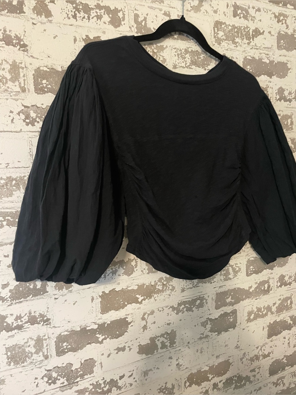 Free People Sweet Spot Black Ruched Balloon Sleeve Top XL Cotton Boho Minimalist